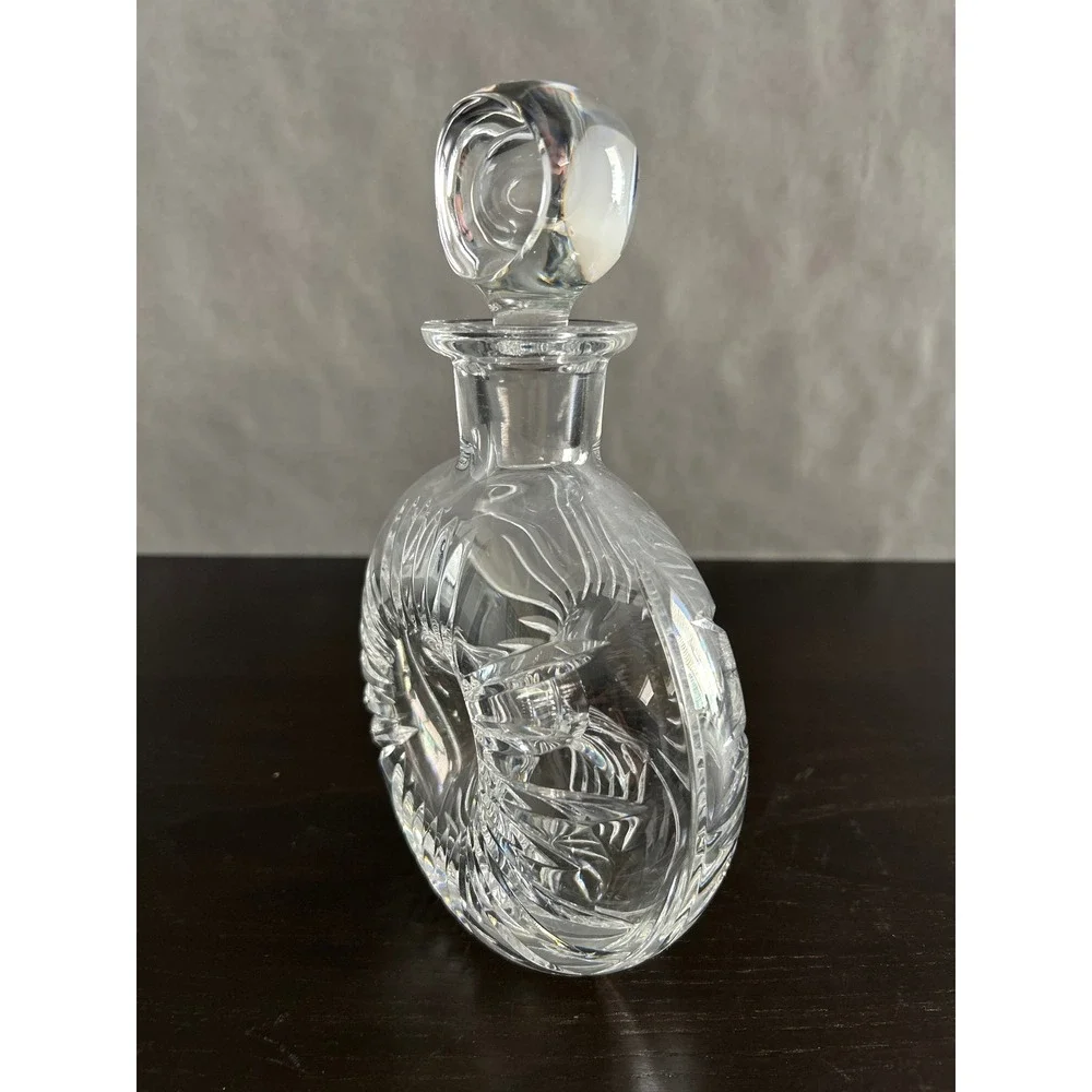 Vintage Cut Crystal Donut Round Decanter with Stopper Clear Glass Barware
